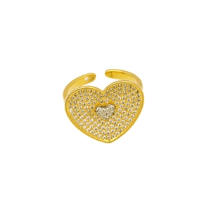 Close-up of gold-plated copper ring featuring micro-paved cubic zirconia heart design
