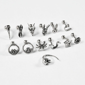 Gothic punk stainless steel stud earrings with skull and spider designs on white back