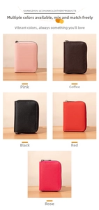Litchi pattern leather card holders with metal zippers in multiple colors on wood surface