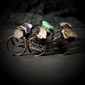 Vintage raw natural stone adjustable rings with amethyst, turquoise and bronze metal