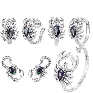 Scorpion Earrings And Adjustable Ring 925 Sterling Silver Iridescent Zirconia Vintage Gothic Punk Dark Style Jewelry