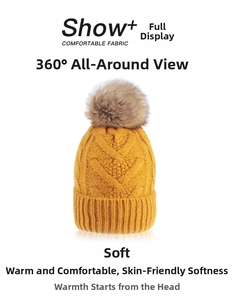 Detailed cable knit pattern on ginger yellow winter beanie with soft pom-pom topper