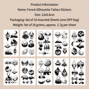 Set of 10 forest themed temporary tattoos showing deer, wolf and owl designs