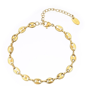 Elegant gold coffee bean link bracelet with K18 hallmark and adjustable clasp chain