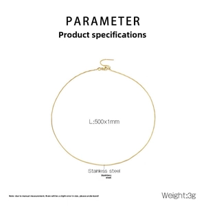 Detail showing 500mm length and 1mm width dimensions of the gold stainless steel chain