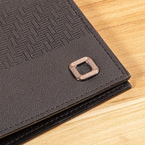 Classic men's black leather wallet with woven texture and silver metallic logo detail