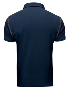 Detail of navy blue polo shirt back view featuring orange contrast stitching details