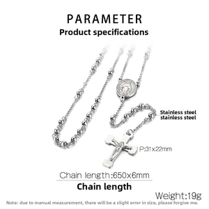 Detail of 6mm silver stainless steel rosary necklace with cross pendant and size specs