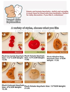 Detail of plush food charms featuring cute embroidered faces and metal bead chains