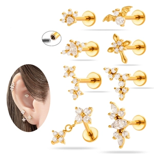 Clous Oreille Cartilage Acier Inoxydable Zircone Cubique Dos Plat Filetage Interne Anneaux Lèvre Fleur Bijoux De Corps