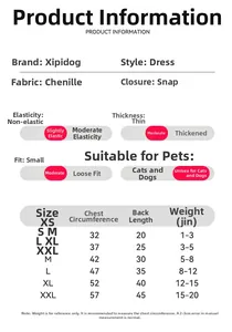 Tableau des tailles détaillé pour robe de chien Nouvel An avec tour de poitrine