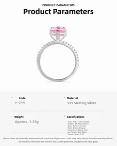 Detail specifications of S925 silver ring featuring 2.75ct pink pear-cut zircon stone