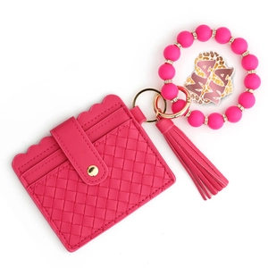Rose red woven PU leather card holder with silicone bead bracelet and MAMA charm