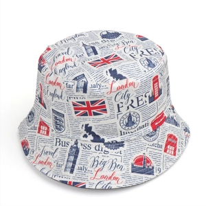 Omkeerbare vissershoed met Londense krantenprint, Big Ben en Union Jack vlagmotieven