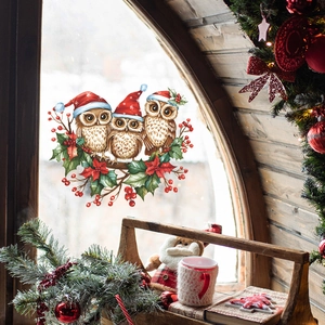 Christmas window stickers featuring cute owls on a branch with holly and red berries