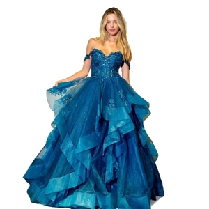 Elegant navy blue off-shoulder evening gown with floral sequins and layered tulle skirt
