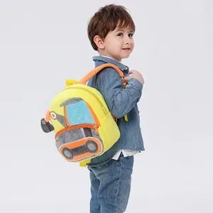 Cute yellow plush excavator backpack for kids with colorful construction truck design