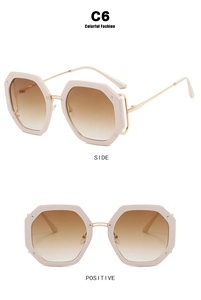 Front and side view of octagonal cream sunglasses with brown gradient lenses