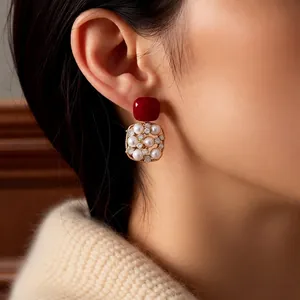 Vintage 18k gold plated earring set with red enamel and lustrous pearls for women