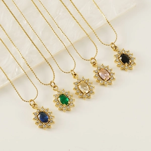 Gold titanium steel necklaces with colorful oval zircon pendants in five vibrant shades