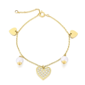 Golden titanium steel bracelet with heart diamond pendant and white pearls on white background