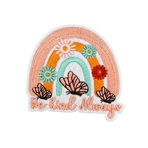 Rainbow embroidery patch with flowers and Be Kind Always text for backpacks