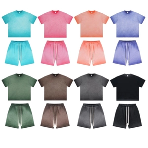 Retro acid wash summer set with crewneck t-shirt and drawstring shorts in 8 colors