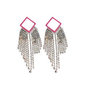 Elegant rose pink square stud earrings with long silver rhinestone tassels on white background