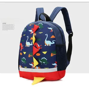 Detail of cartoon dinosaur backpack with 3D fins and breathable mesh side pocket
