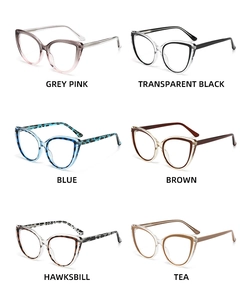 Showcase of six cat-eye glasses frames in multiple colors like tortoiseshell and grey-pink