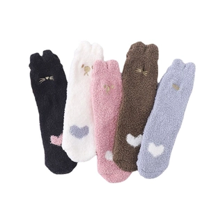 Five pairs of plush coral fleece socks with cute animal embroidery and heart patterns