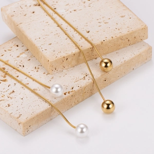Adjustable minimalist gold snake chain necklace with faux pearl and gold beads