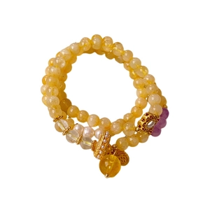 Elegant multi-layer bracelet with yellow citrine, pearls and gold Fu character charm