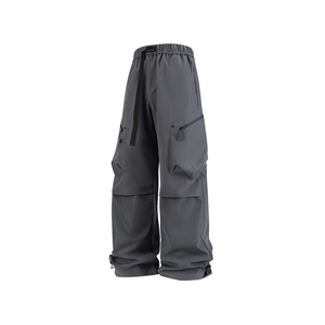 Dark grey high-waisted cargo pants with multi-pockets and adjustable drawstring hems
