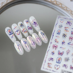 Embossed Nail Art Stickers Colorful Butterfly Flower Rainbow Linear Patterns Self Adhesive DIY Nail Decals
