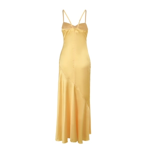 Detailed back view of yellow satin long dress with crossed straps and invisible zipper