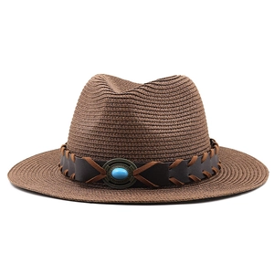 Dark brown straw fedora with turquoise stone accent and wide brim for sun protection