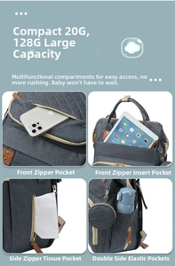 Detail view of the multi-functional grey diaper bag showing spacious storage compartments