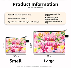 Detailed size comparison of pink floral cosmetic bags with dimensions in centimeters