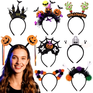 Detailed grid of assorted Halloween headbands with pumpkin and ghost motifs on white background