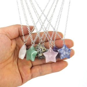 Star-shaped natural stone pendant necklaces in various colors with silver alloy chains