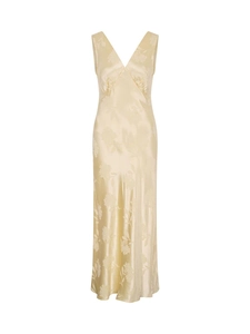 Robe longue élégante en satin crème avec col en V et motif jacquard floral raffiné