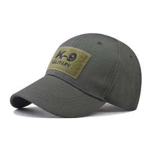 Close-up of tactical baseball cap featuring K-9 Military patch on ripstop fabric