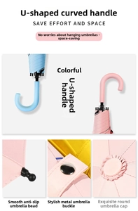 Detail of pink and blue folding umbrella with U-shaped non-slip handle and round tips