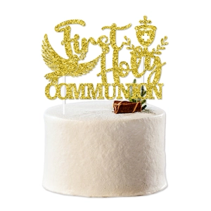Gold Glitter Paper First Holy Communion Cake Topper Religious Baptism Ceremony Party Decoration Dove Chalice Cross Design