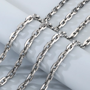 Detailed view of polished silver square links on a punk style stainless steel wallet chain