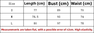 Size chart for floral mini dress showing length, bust, and waist measurements in cm