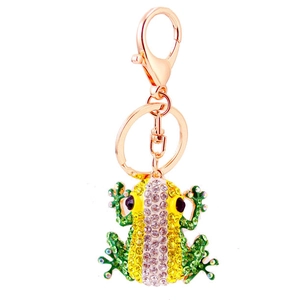 Sparkly crystal frog keychain with green accents and gold lobster clasp on white background