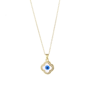 Golden clover Evil Eye necklace with micro-pave crystals on white background