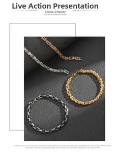 Detailed macro view of heavy stainless steel Byzantine link bracelets in diverse color finishes